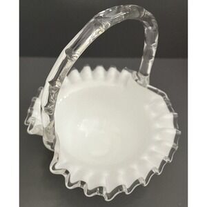 Fenton White Milk Glass Basket Ruffle‎ Edge Bamboo Style Handle Candy Dish VTG